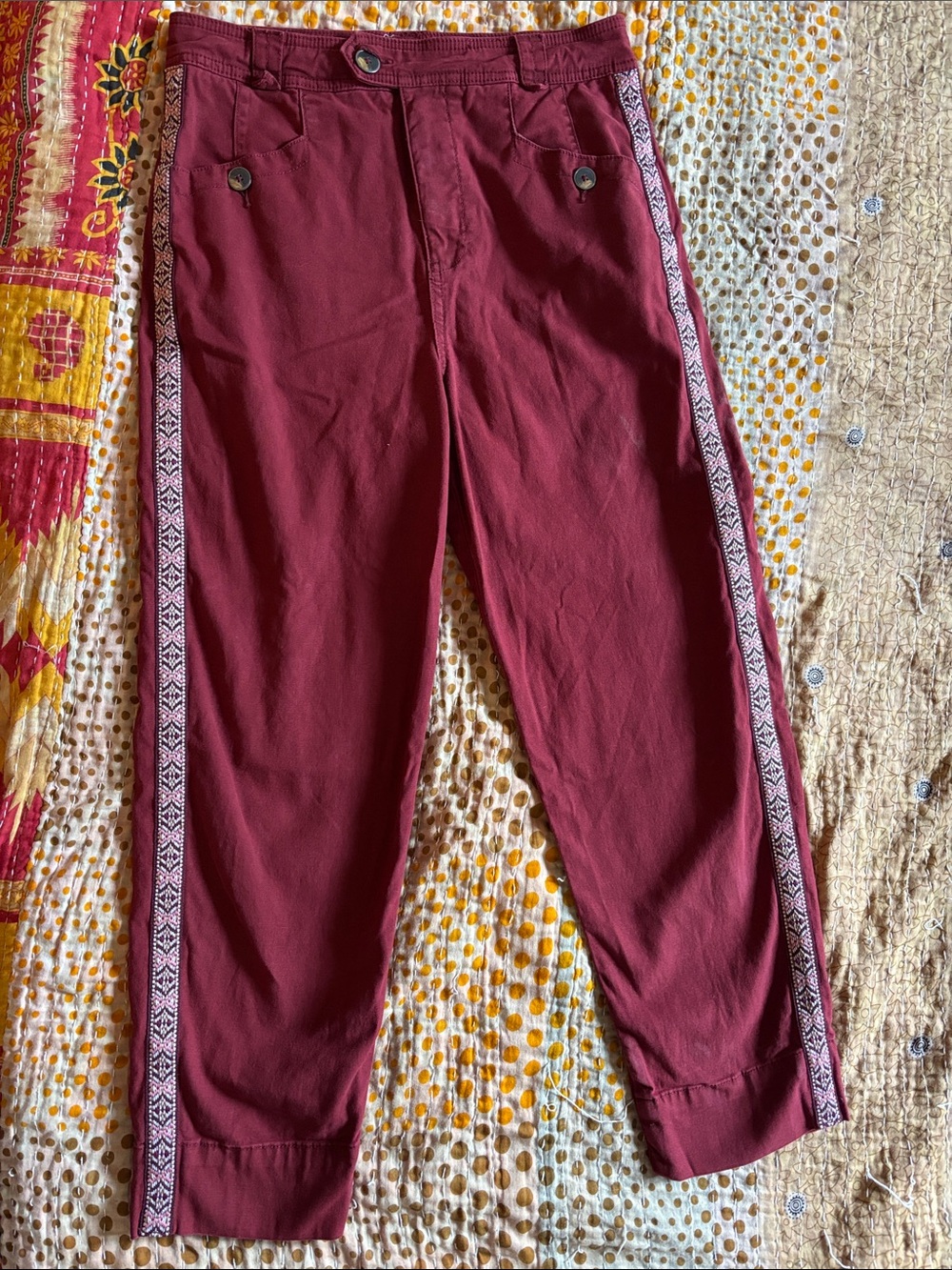 Anthropologie Burgundy straight leg with Patterned Side Trim
